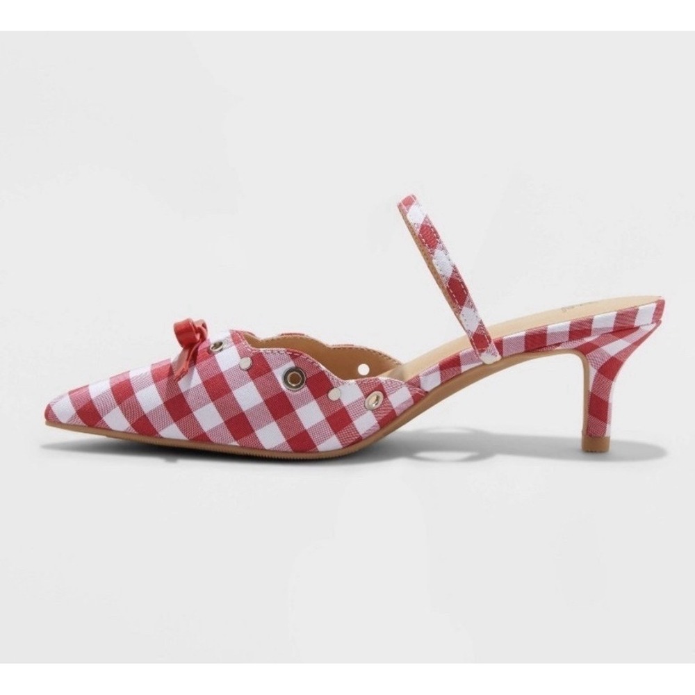 NWT Wild Fable Kitten Heels Womens 8.5 Red White Lysandra Gingham Eyelet Pointed - Picture 2 of 5